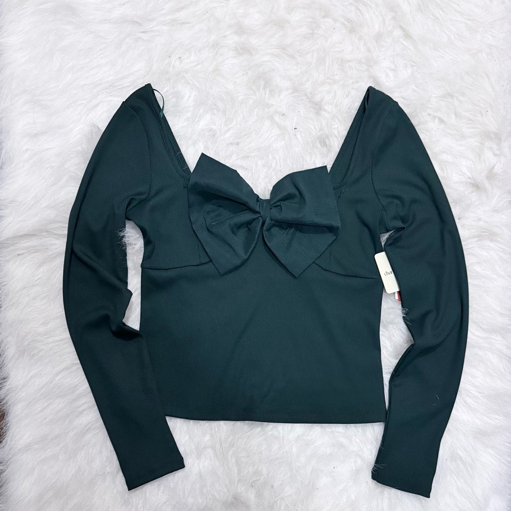Chic Dark Green Bow Accent Women's Long Sleeve Top
